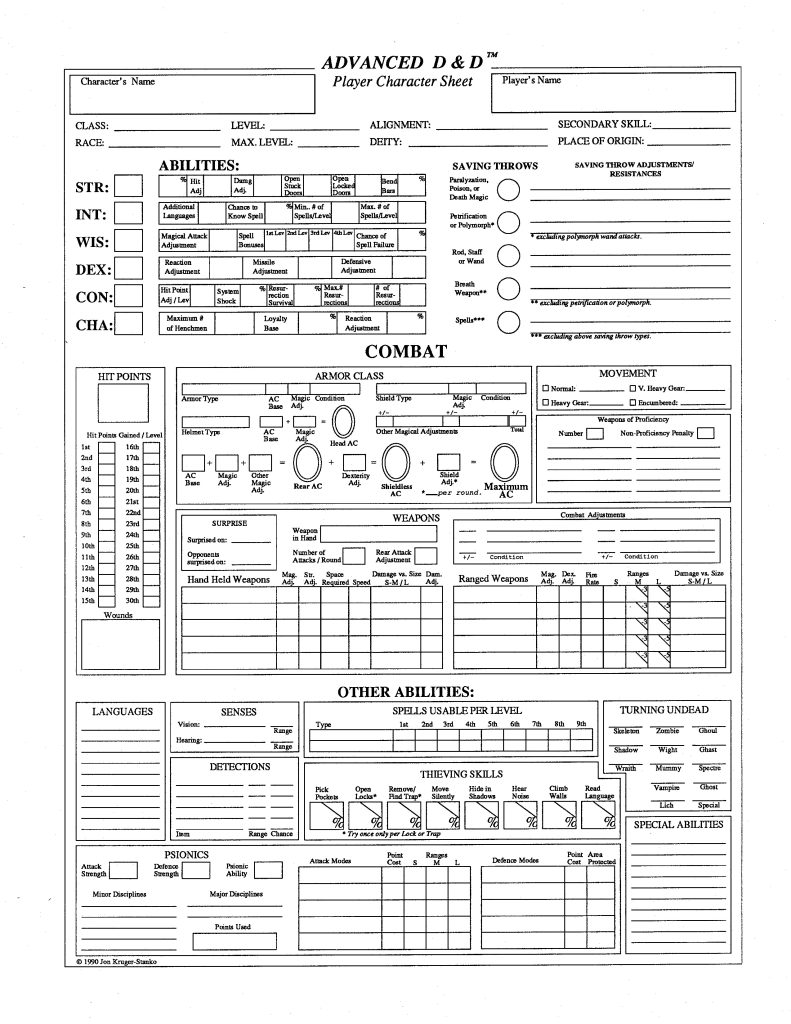 Advanced D&D Character Sheet